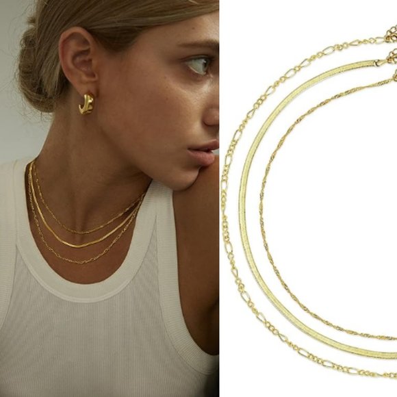 Dainty 14k Gold Layered Necklace Herringbone Chain Choker Jewelry Minimalist - Picture 1 of 8